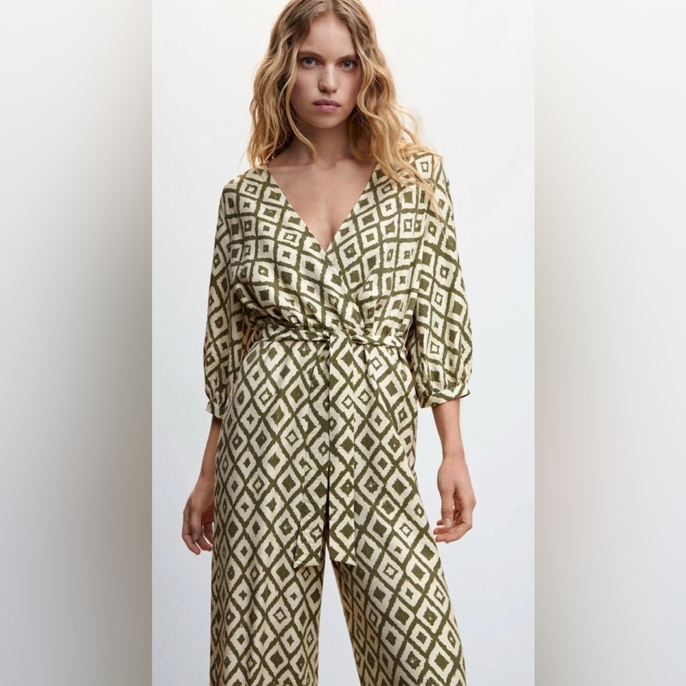 MNG - Mango Geometric Patterned Jumpsuit in Green and Cream Size Small